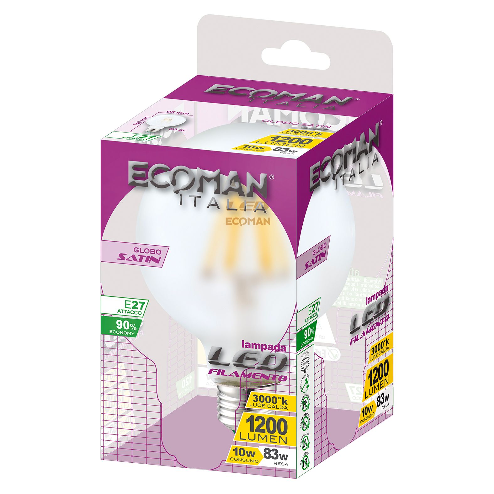 Lampadina LED Goccia E27 12W luce calda 3000K ECOMAN vetro