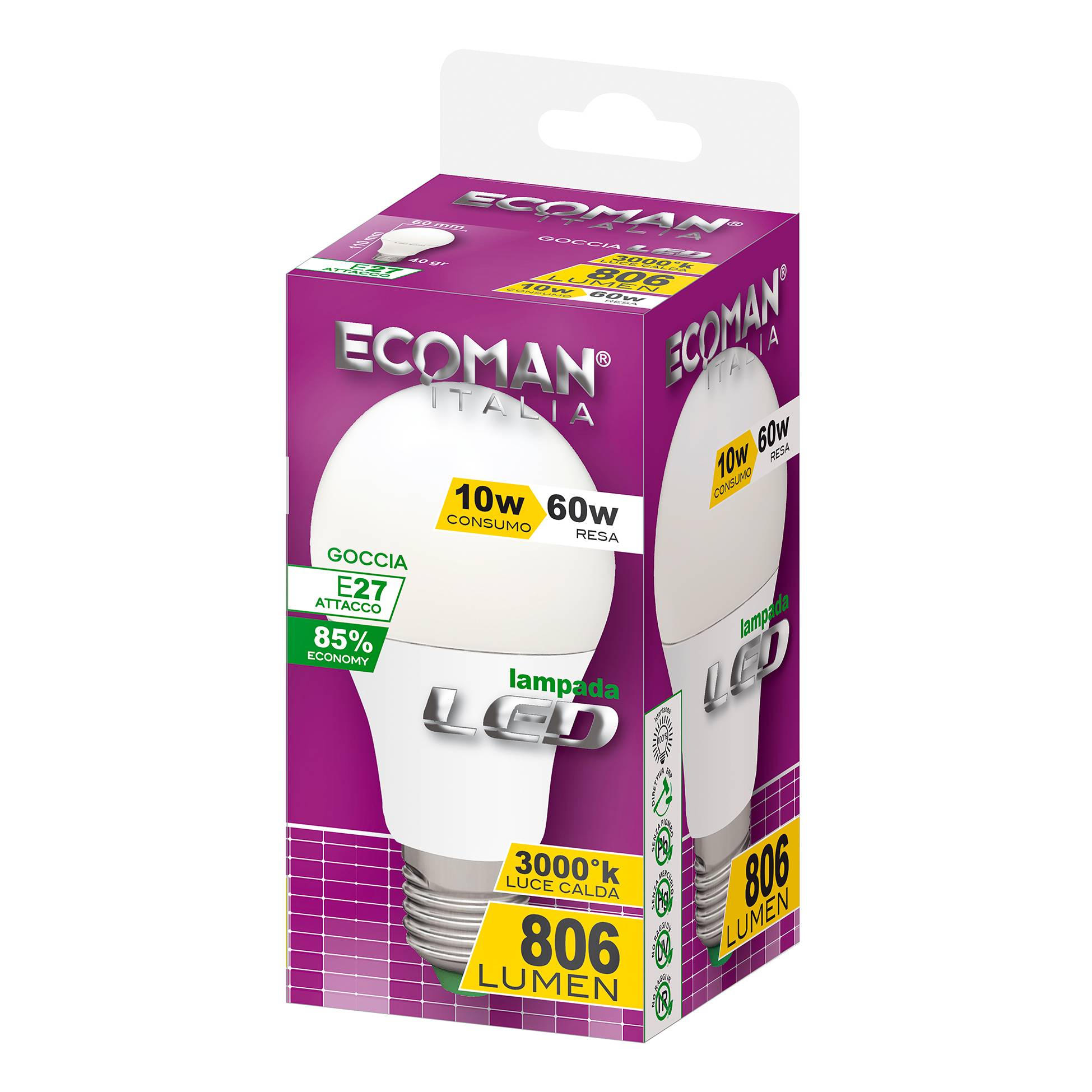 Lampadina LED Goccia E27 12W luce calda 3000K ECOMAN vetro